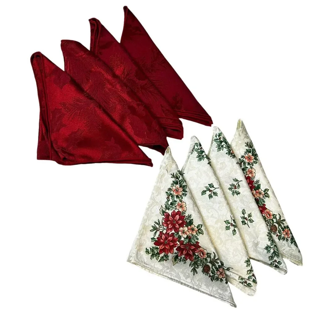 Lot of 8 Holiday Christmas Napkins Jacquard Print Holiday Ivory Red
